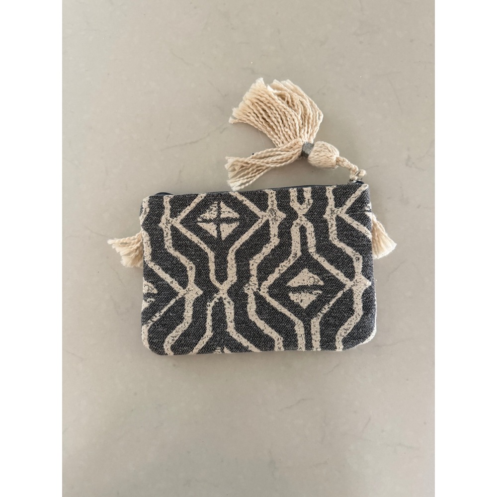 Jen & Co Handcrafted Boho Geometric Fringe Tassel Clutch‎ Bag Charcoal Cream - Picture 2 of 5